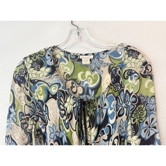 Y2K Charlotte Russe Floral Women Phoebe Buffay Green Blue Bell Sleeves Size L - Picture 3 of 11